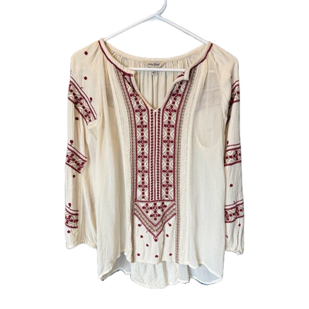 Lucky Brand Ivory and Burgundy Embroidered Blouse